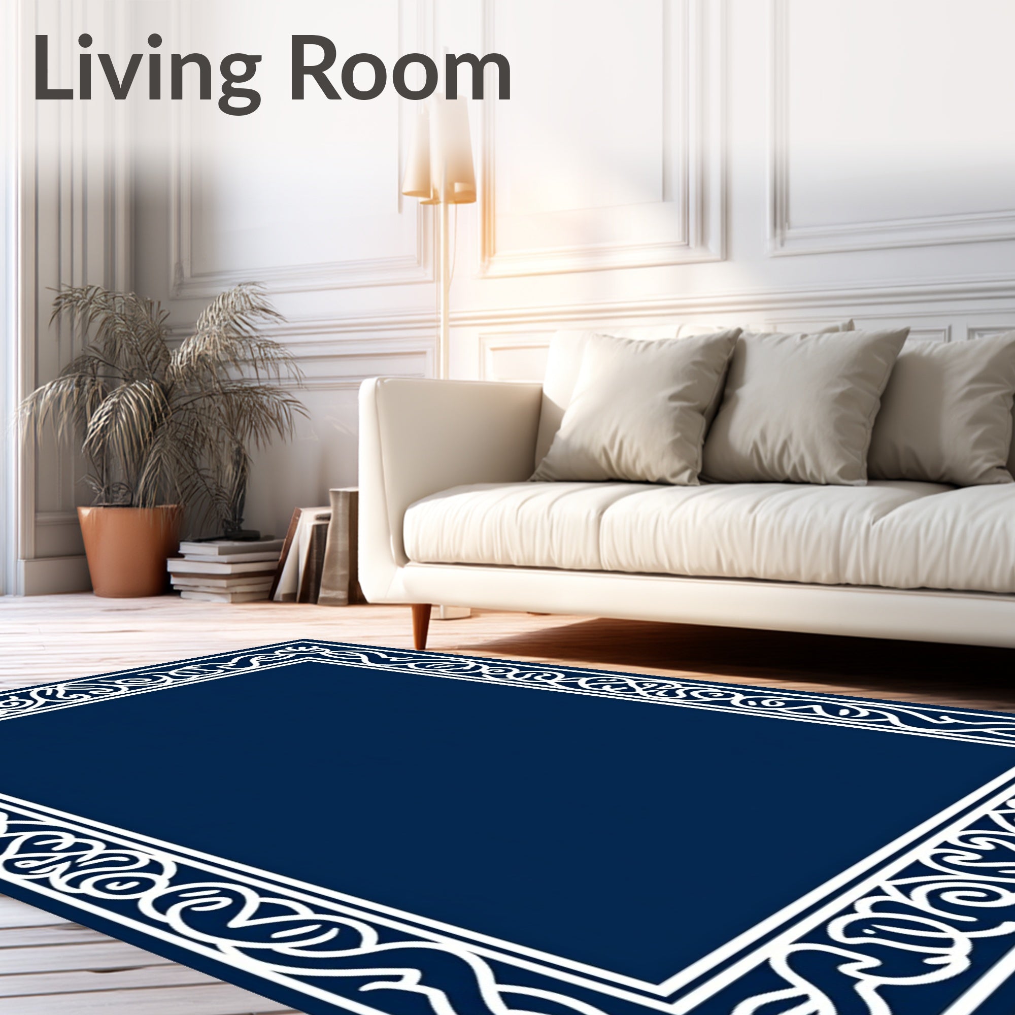 Elegant White Scroll Border on Navy Ground Rug