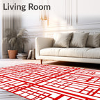 Bold Red Geometric Line Grid Rug
