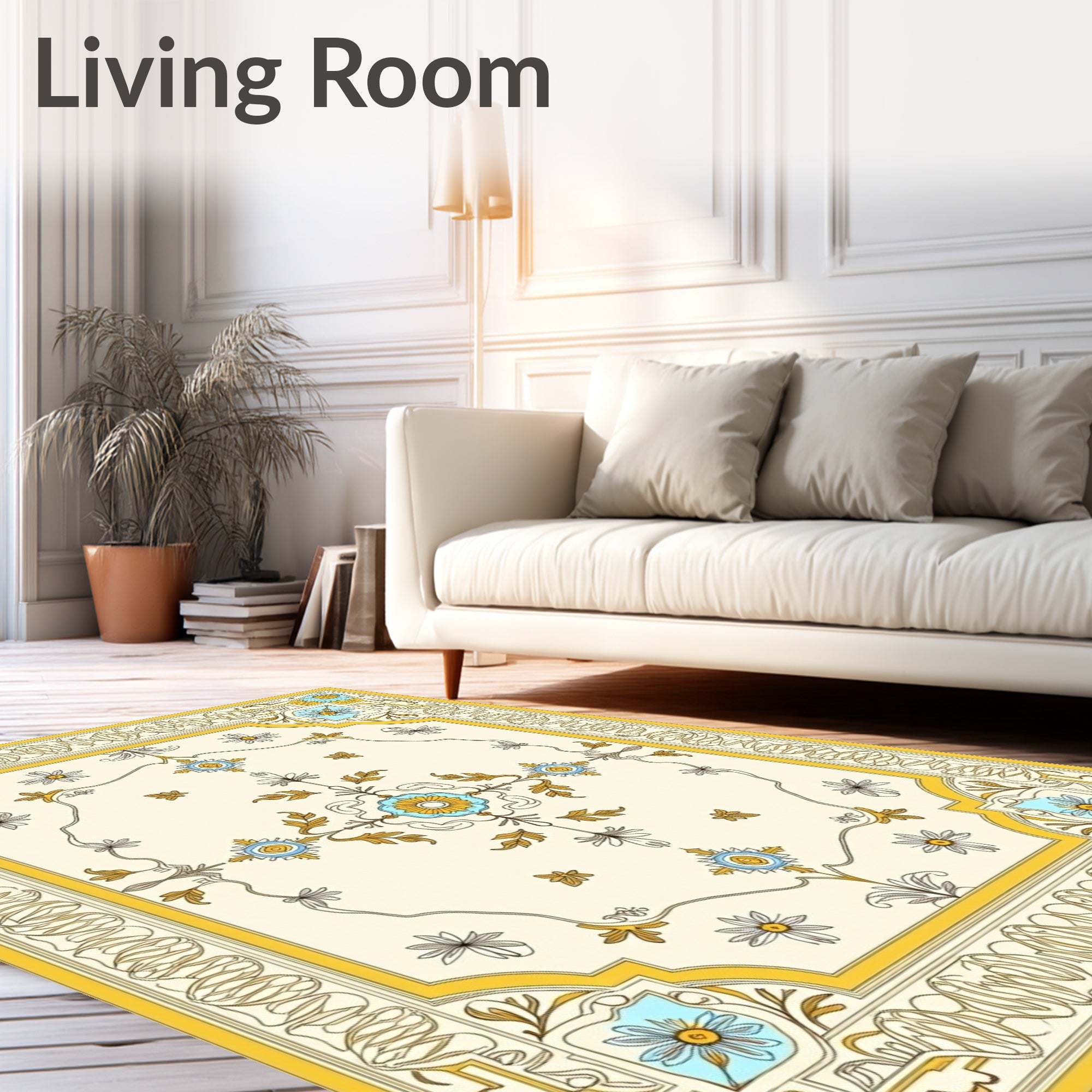 Ornate Floral Design With Yellow Border Rug