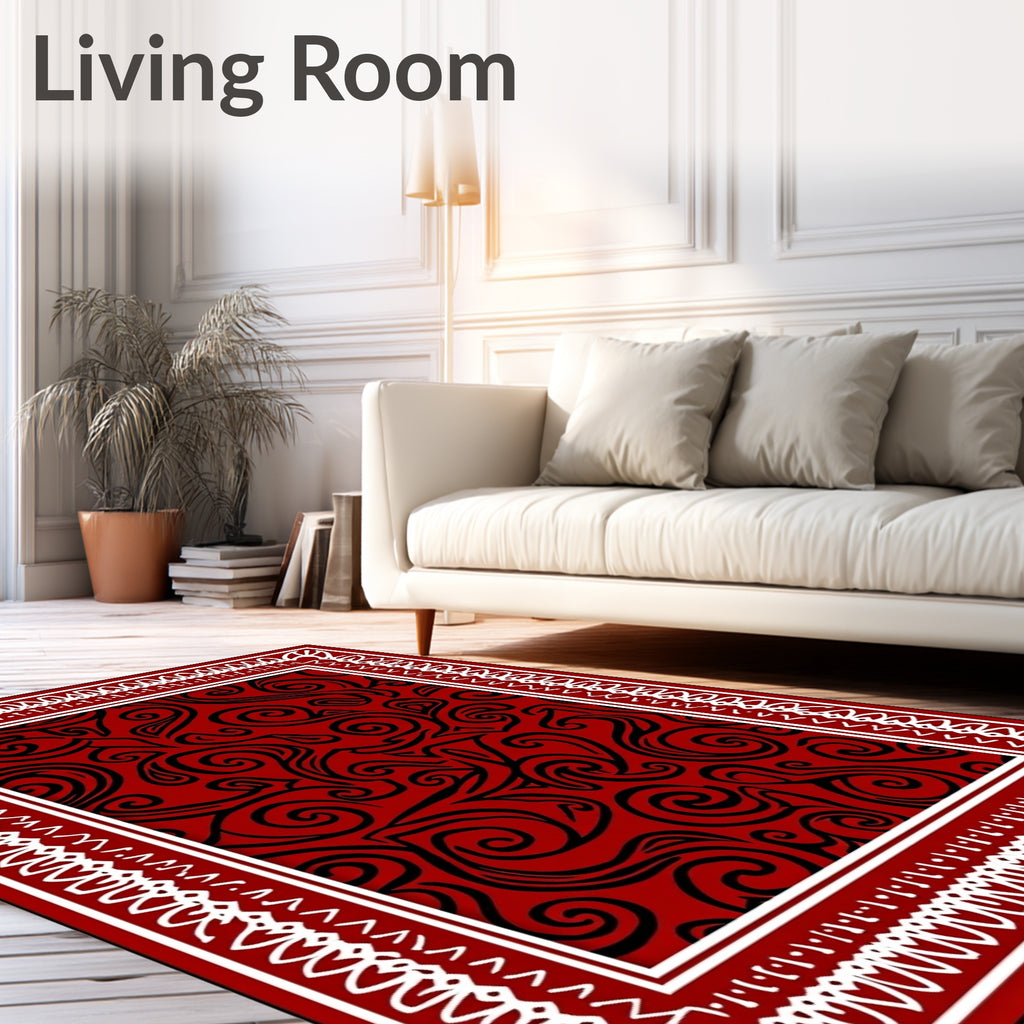 Red Black Swirling Scroll Pattern Rug