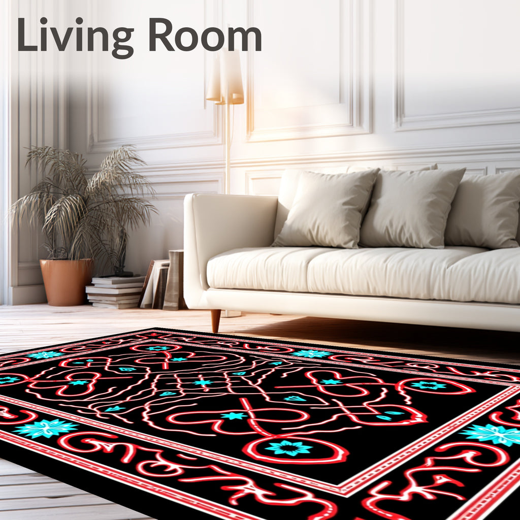 Red Cyan Swirl Medallion Black Rug