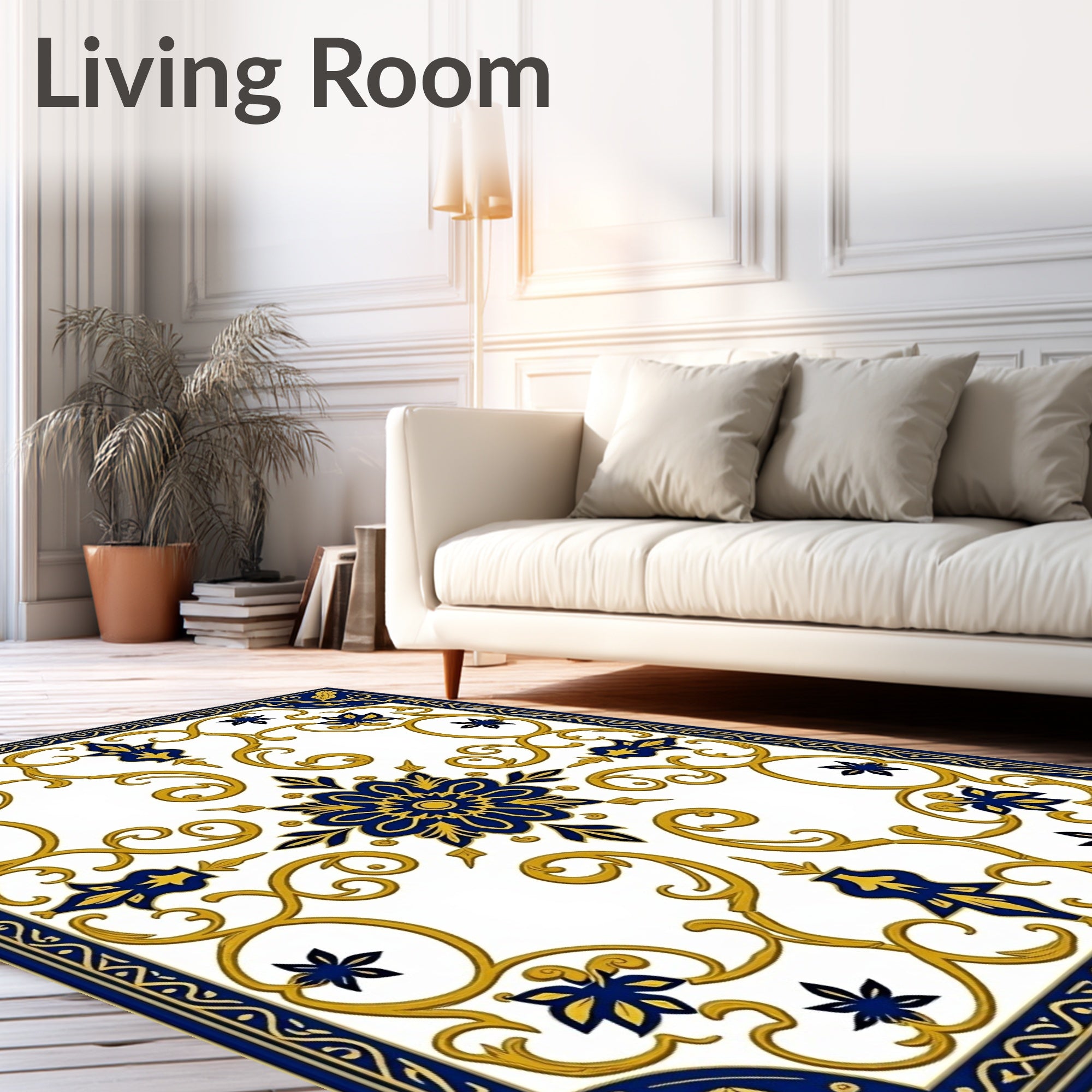 Ornate Blue Gold Floral Scroll Design Rug