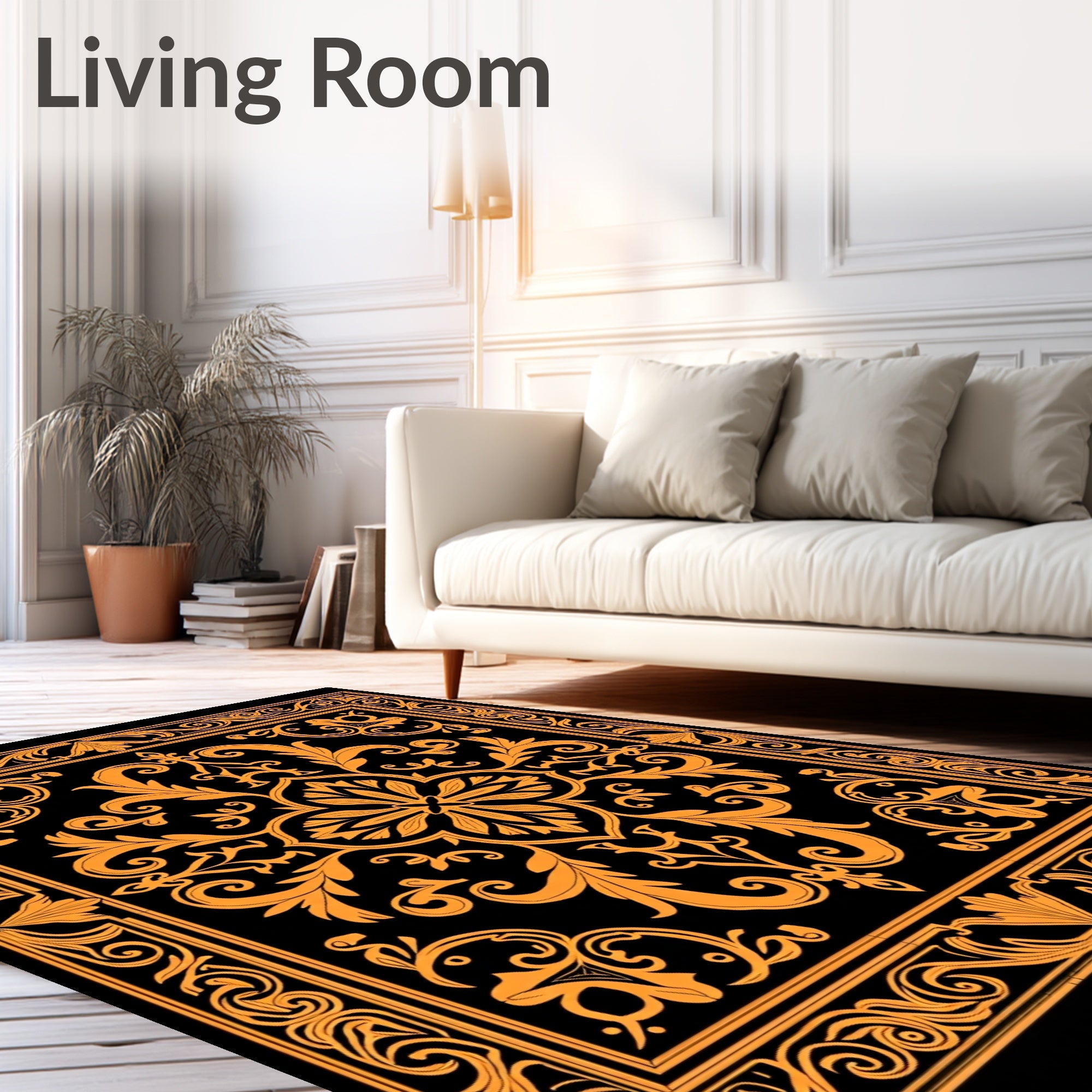 Ornate Black Gold Floral Pattern Rug