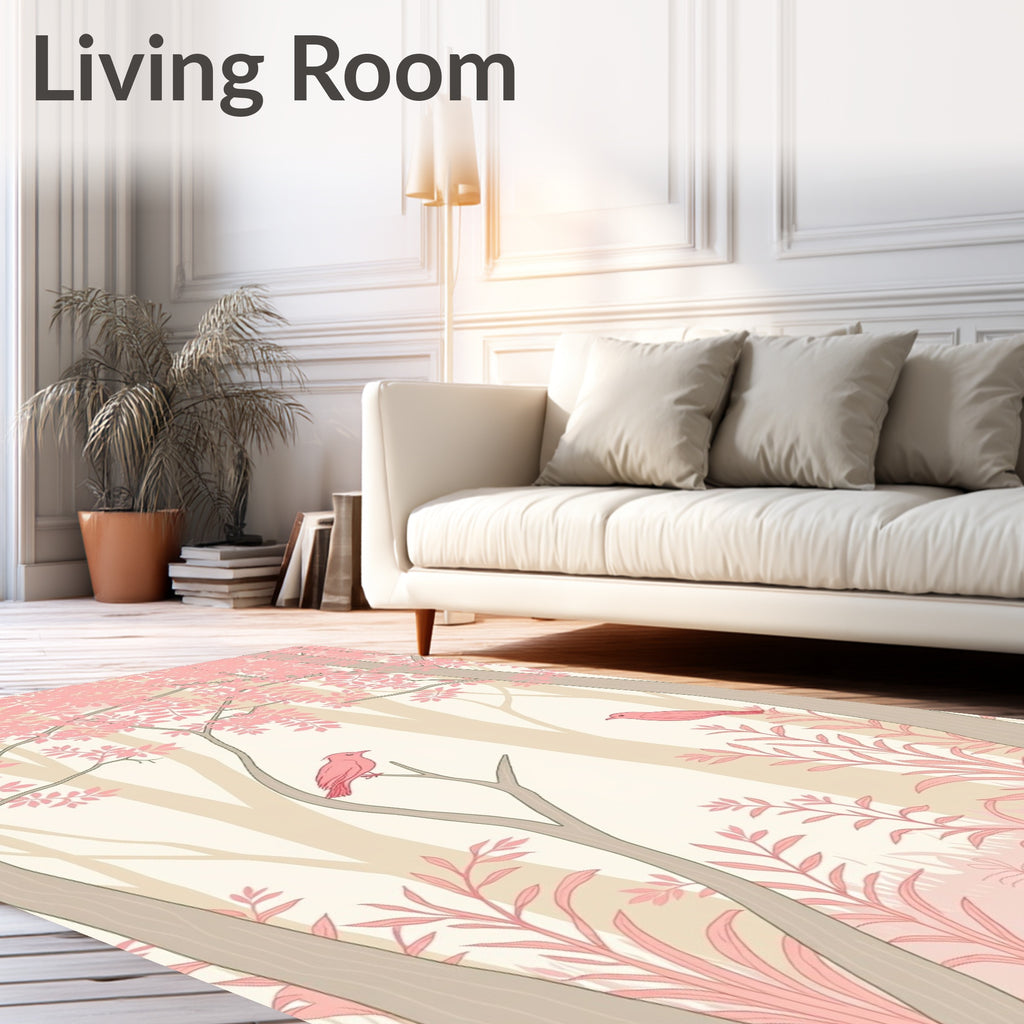 Pink Forest Birds Pattern Design Rug