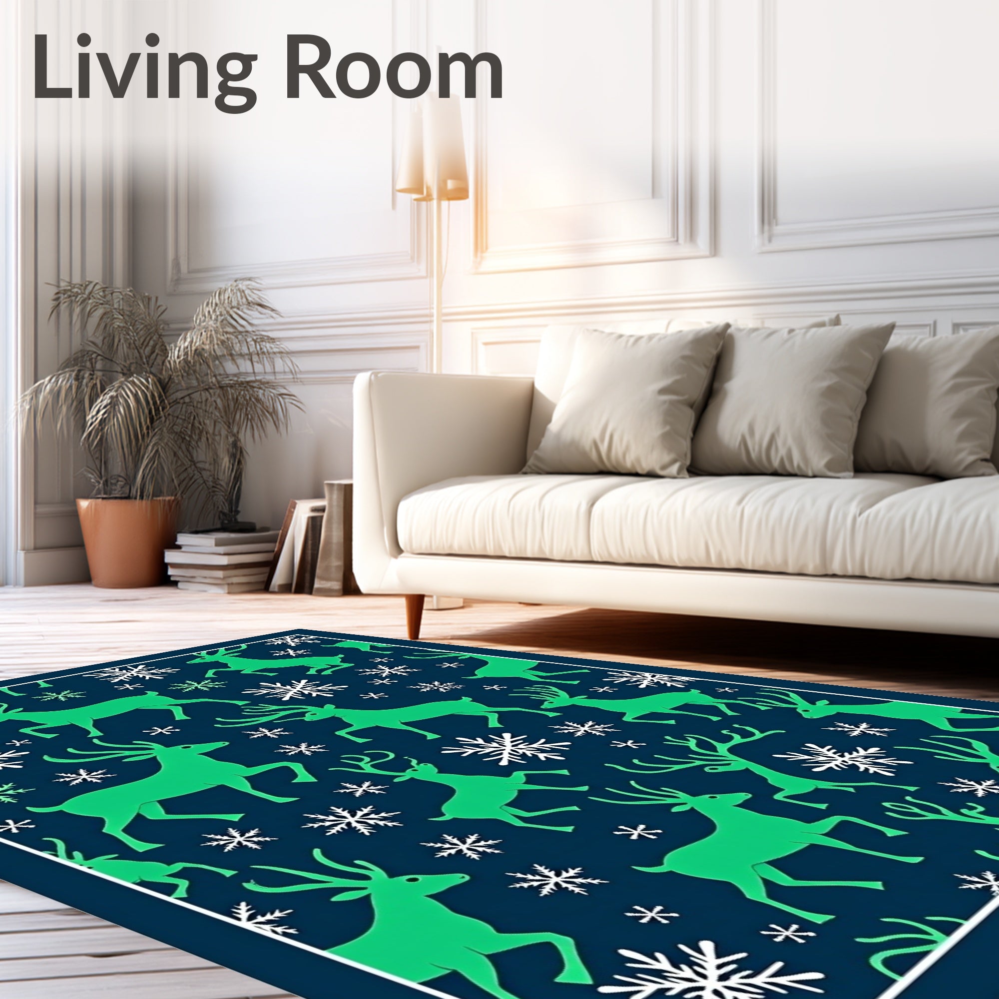 Green Deer and Snowflakes Navy Rug