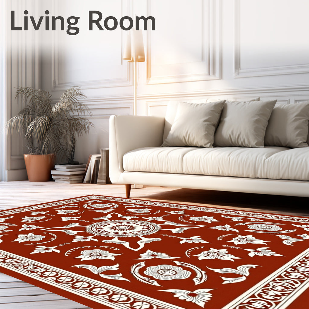 Ornate Red Floral Sunburst Pattern Rug