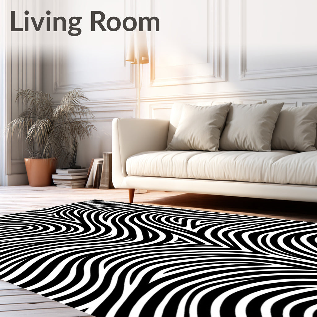 Abstract Black and White Curve Pattern Rug