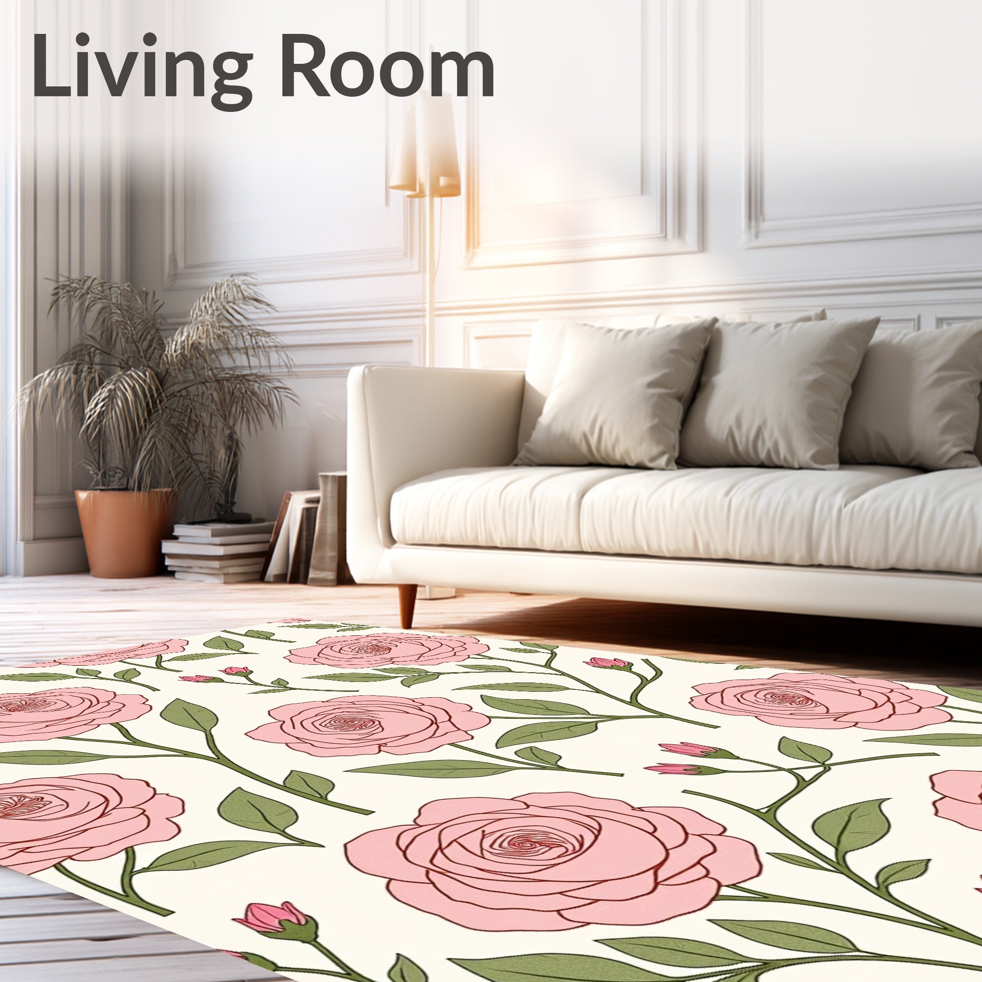 Pink Rose Vine Botanical Pattern Rug