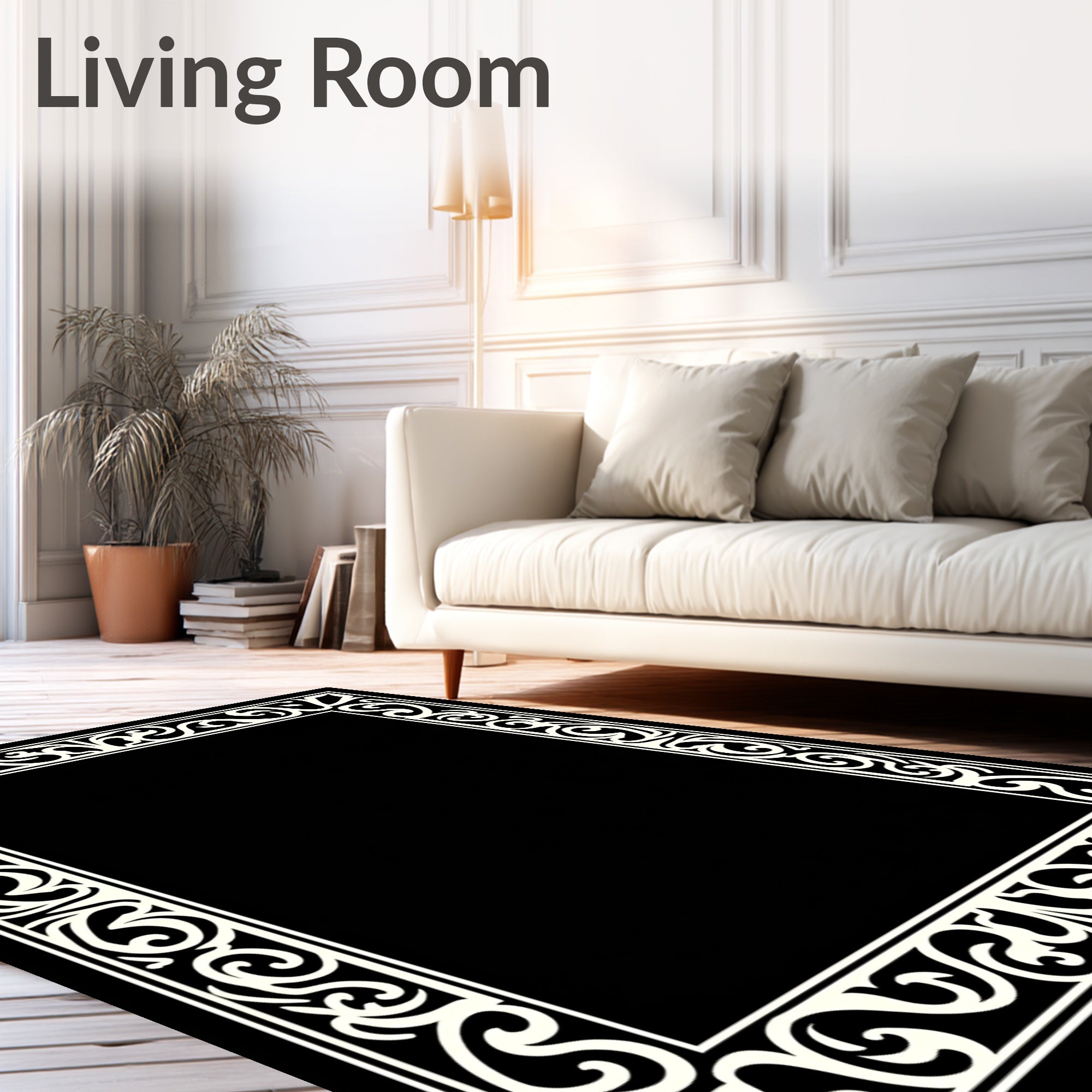 Ornate Scrollwork Black Cream Border Rug
