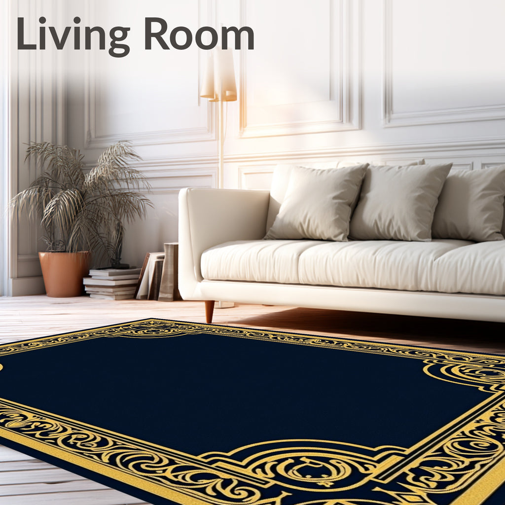 Ornate Blue Gold Decorative Frame Rug