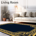 Ornate Blue Gold Decorative Frame Rug