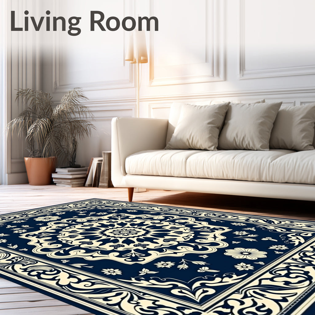 Dark Blue Floral Scrollwork Pattern Rug