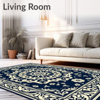 Dark Blue Floral Scrollwork Pattern Rug