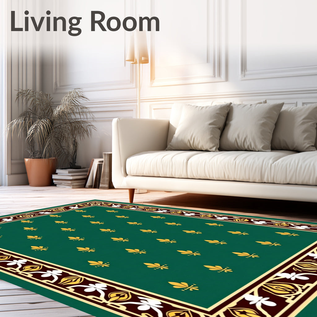 Ornate Green Gold Fleur De Lis Rug