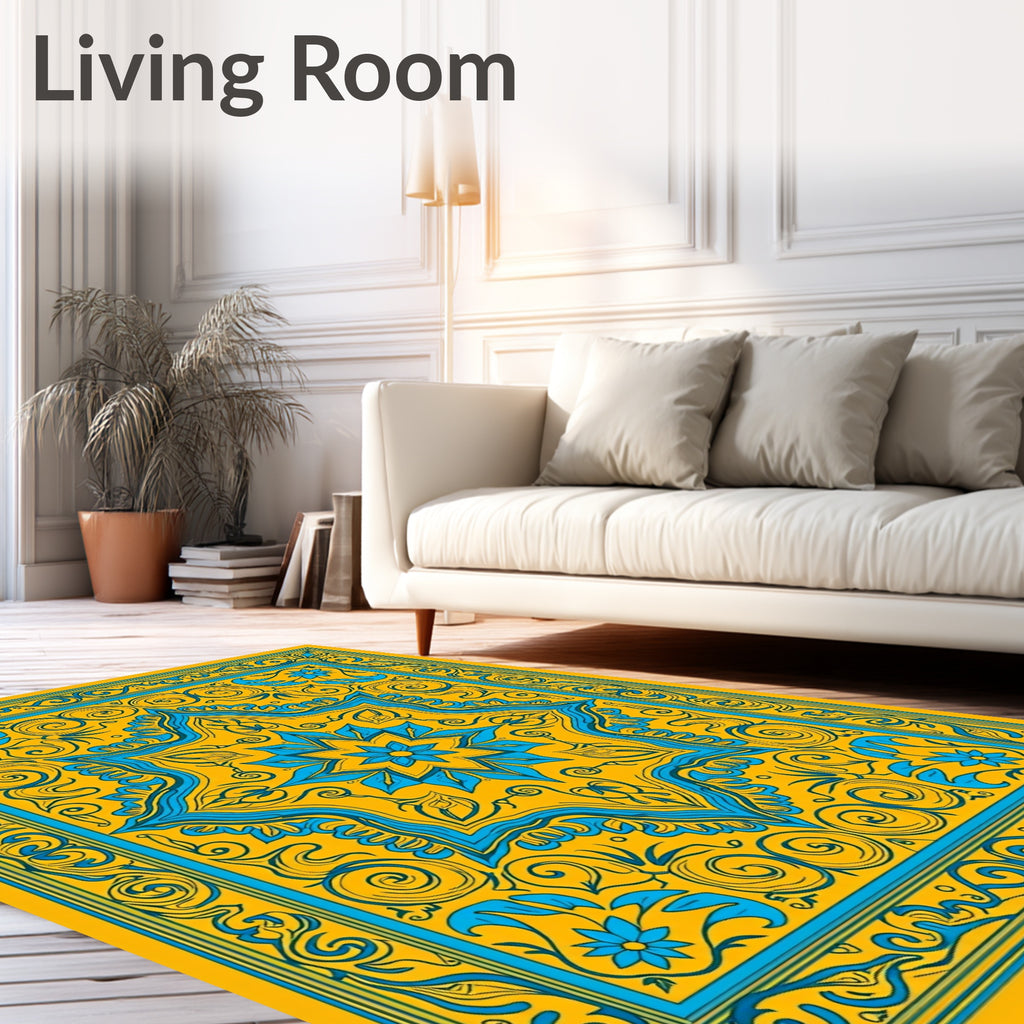 Golden Sunburst Floral Border Rug