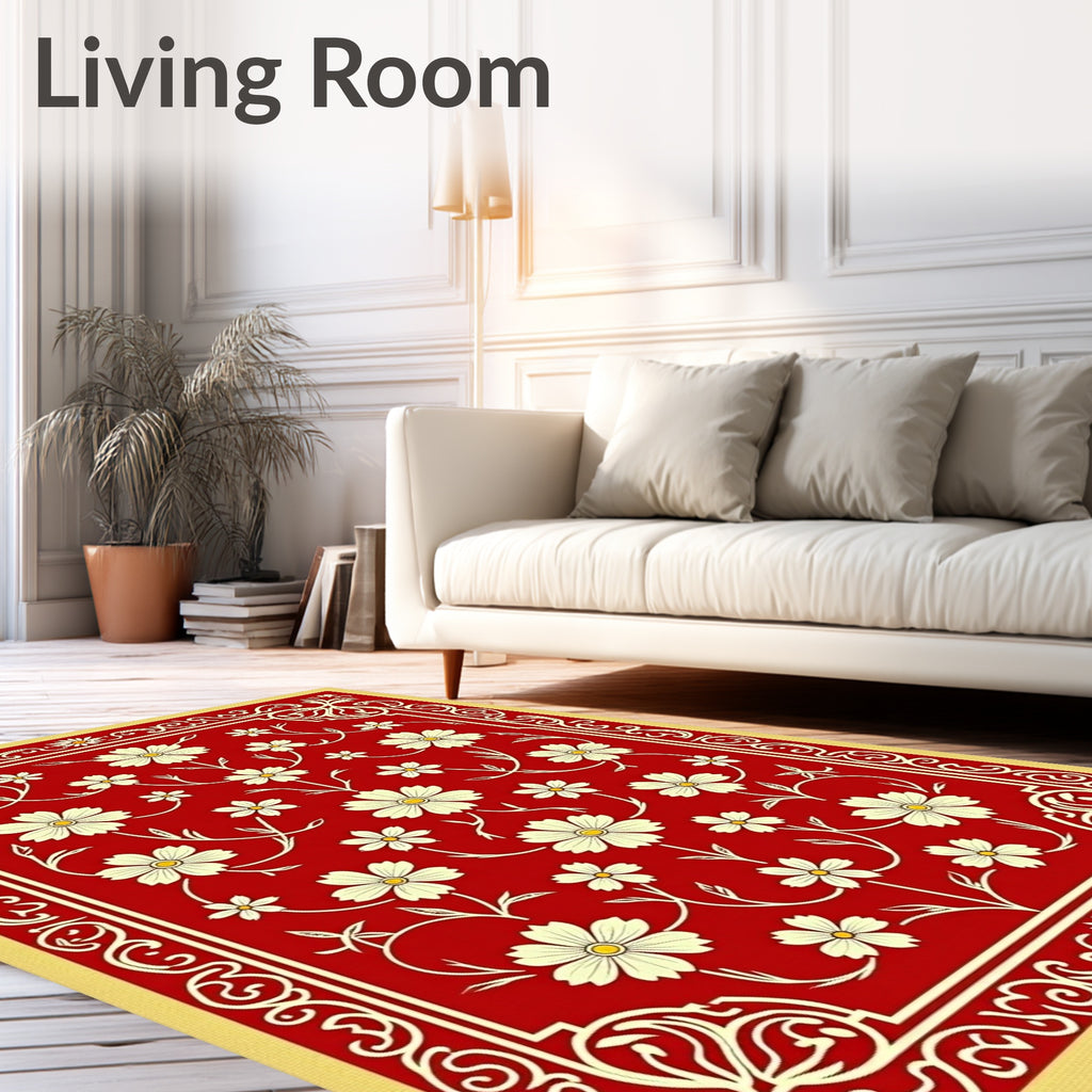 Red Cream Floral Scroll Patterned Rug