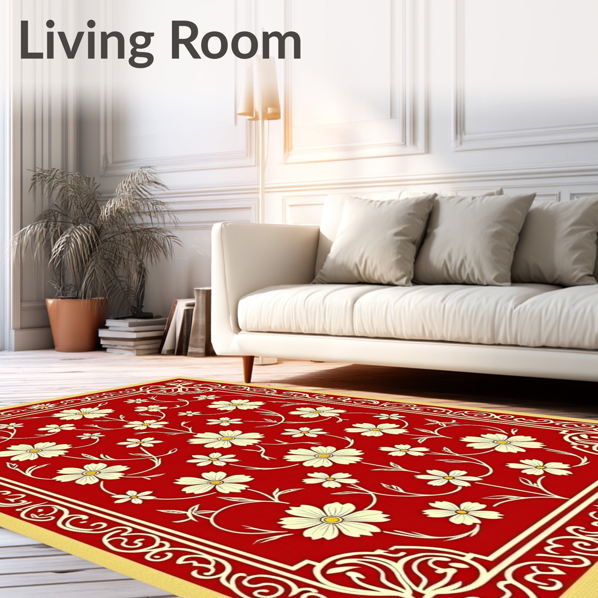 Red Cream Floral Scroll Patterned Rug