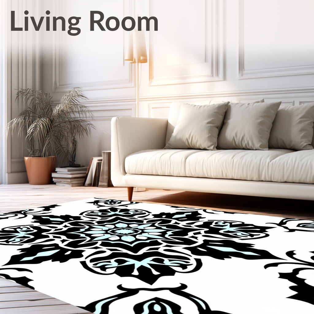 Bold Black Aqua Floral Mandala Pattern Rug