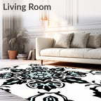 Bold Black Aqua Floral Mandala Pattern Rug