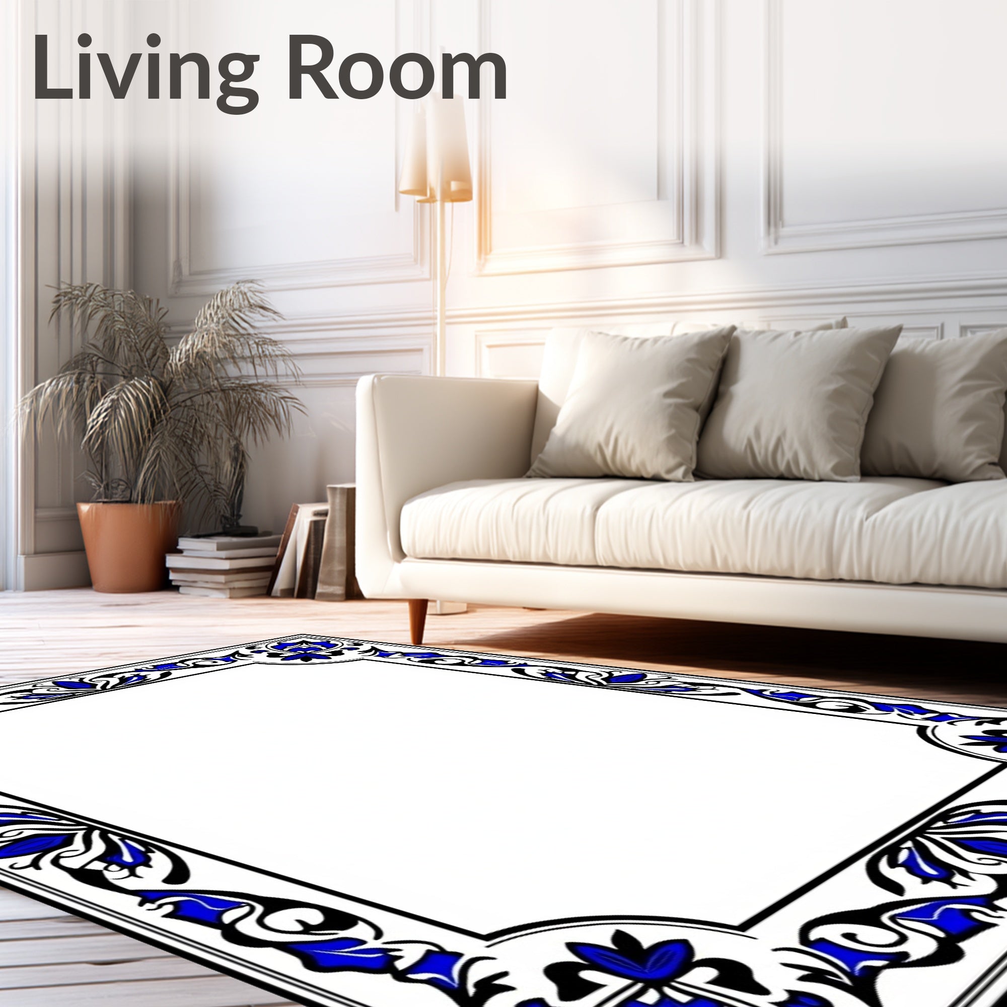 Elegant Blue Black Floral Border Rug