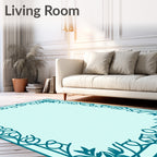 Teal Floral Scroll Border Design Rug