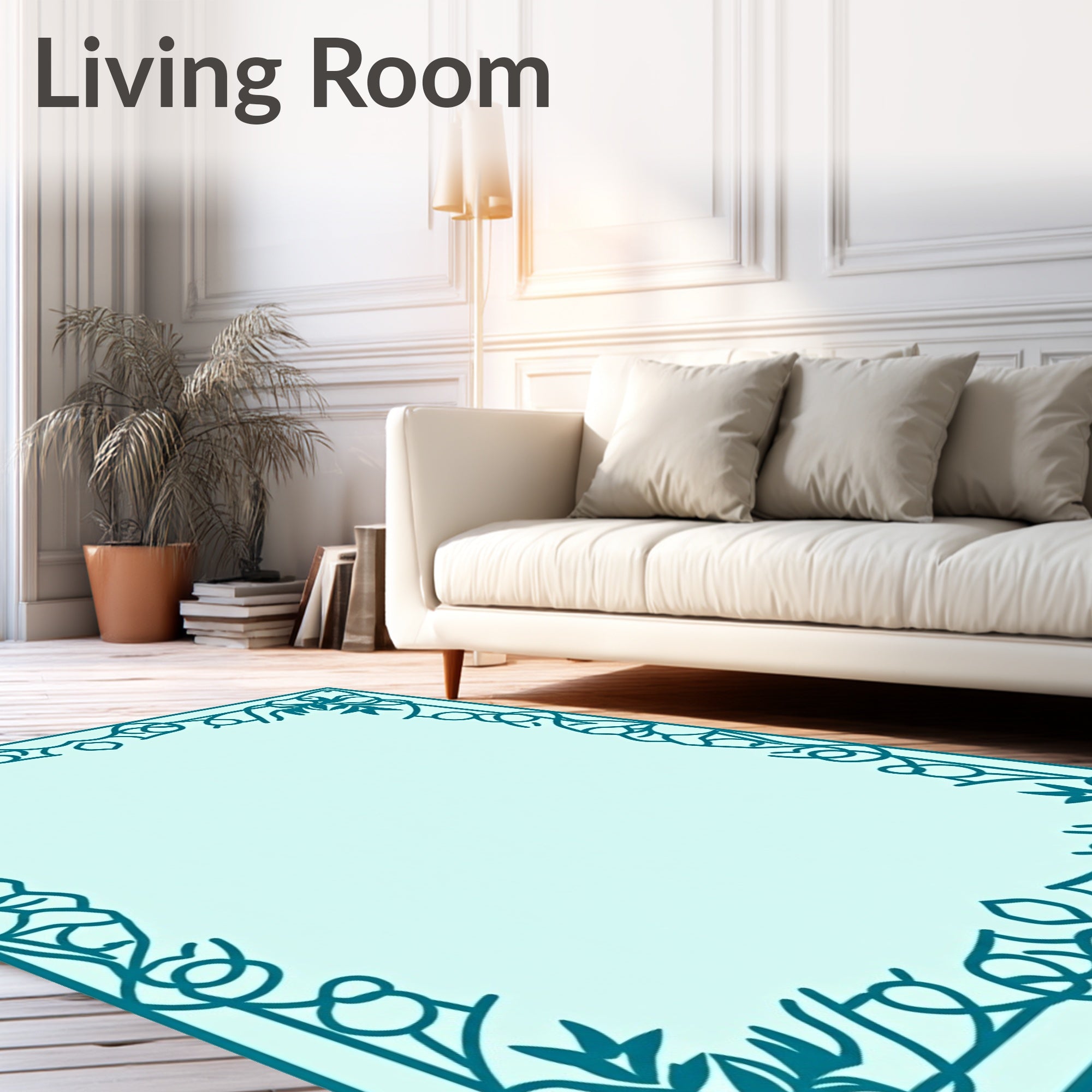 Teal Floral Scroll Border Design Rug