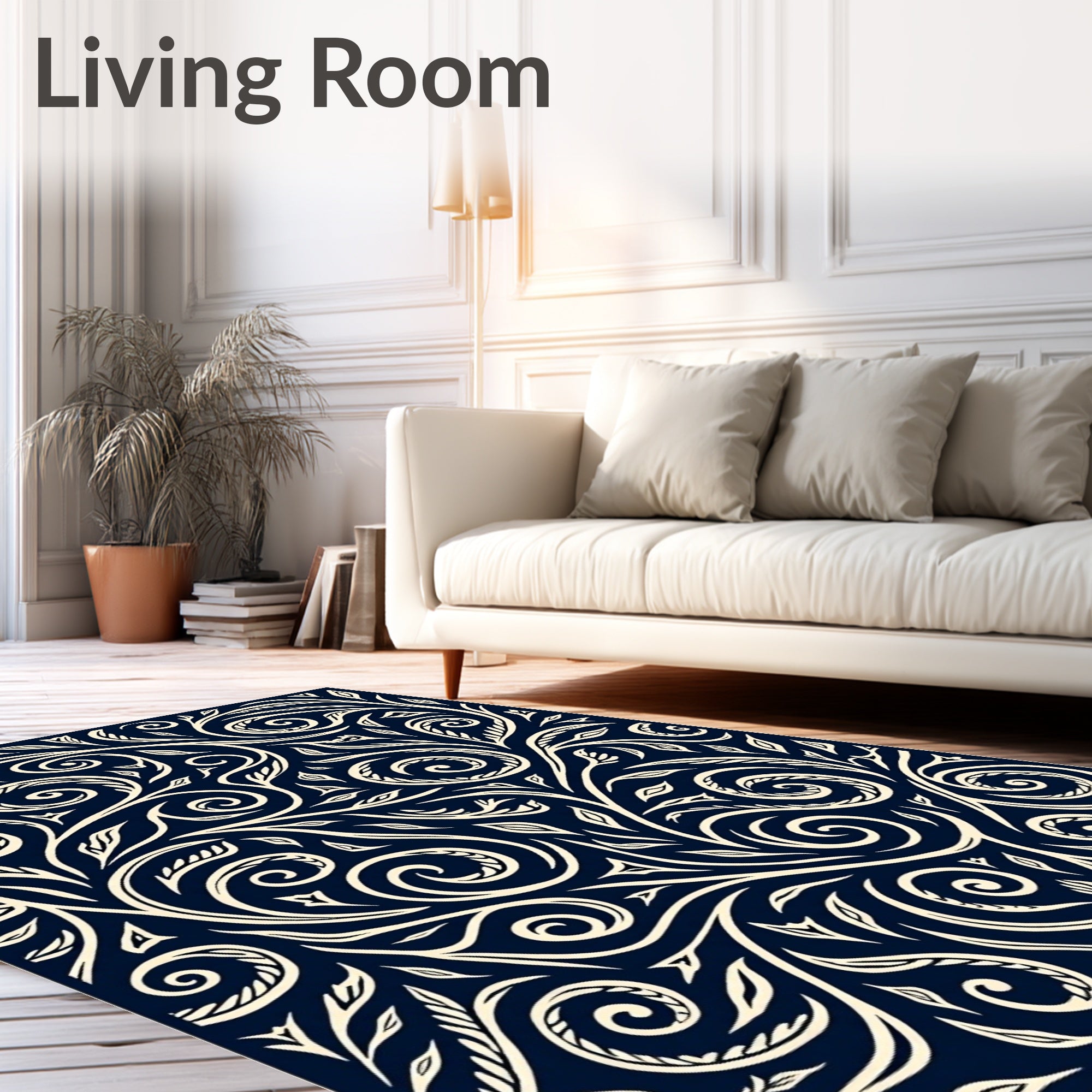 Classic Floral Swirls Navy Cream Rug