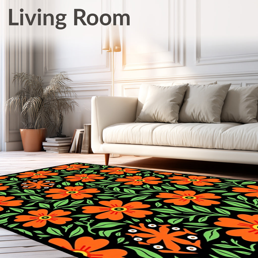 Bold Orange Floral Pattern Rug