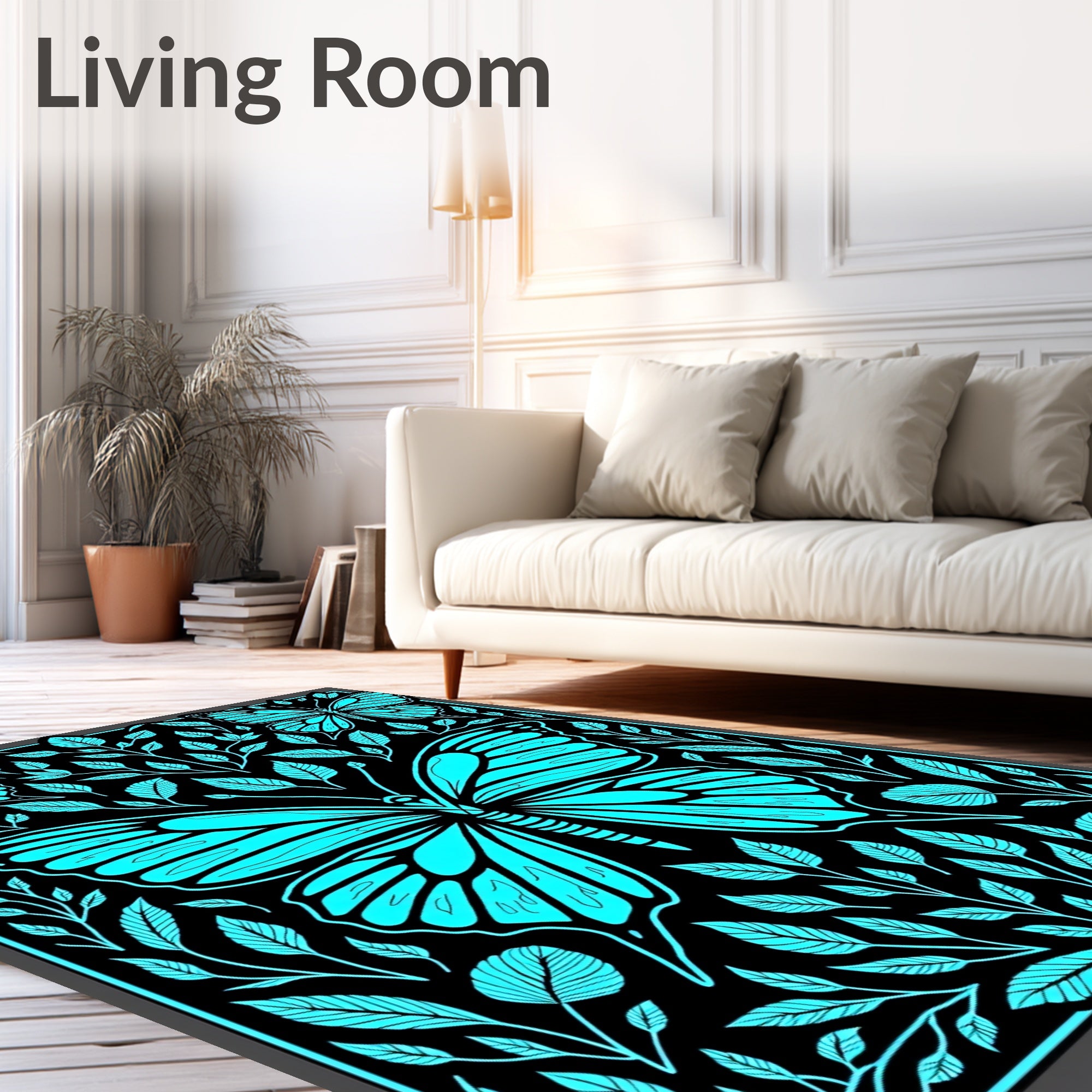 Cyan Butterfly Leaf Patterned Rug