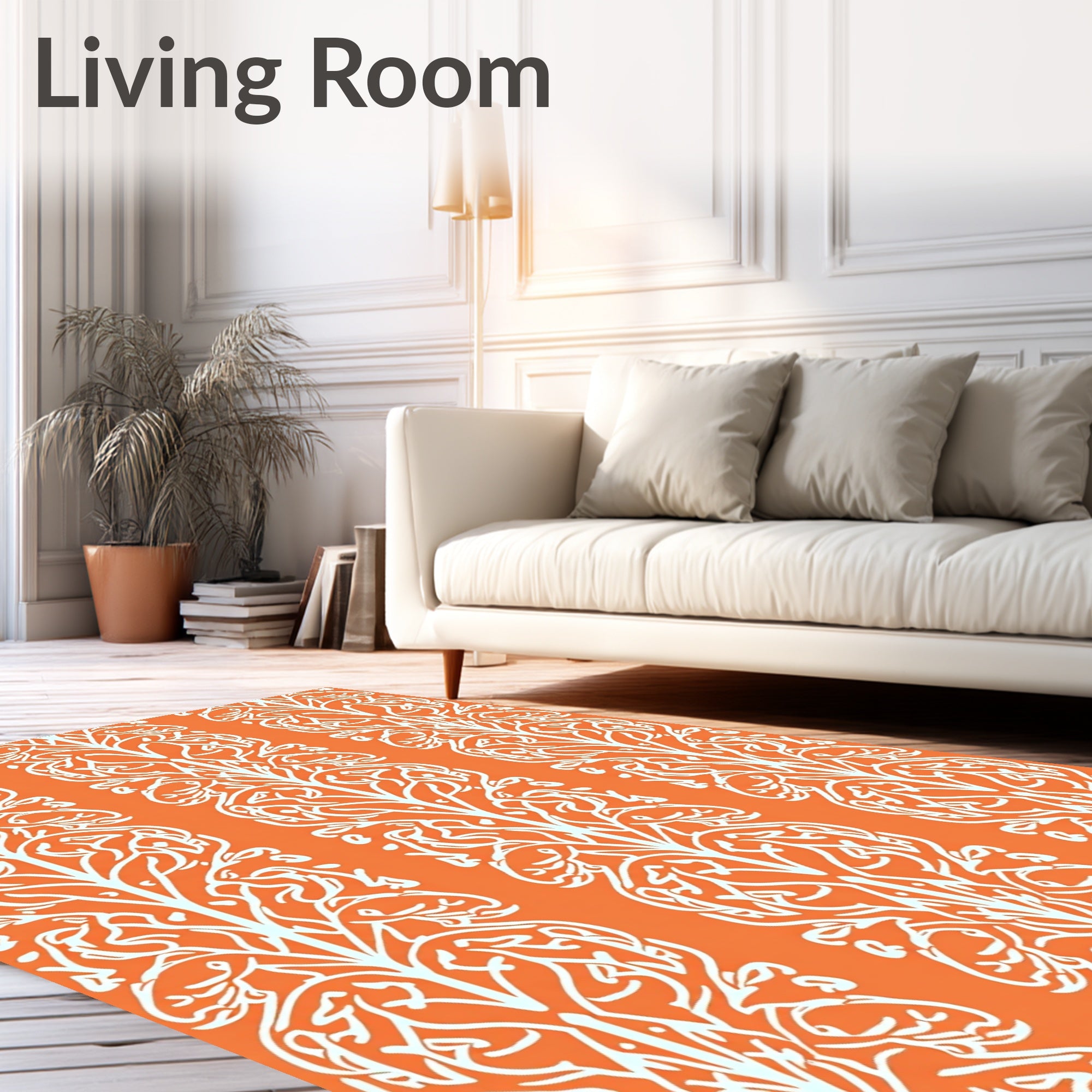 Ornate White Leafy Vine Pattern Rug