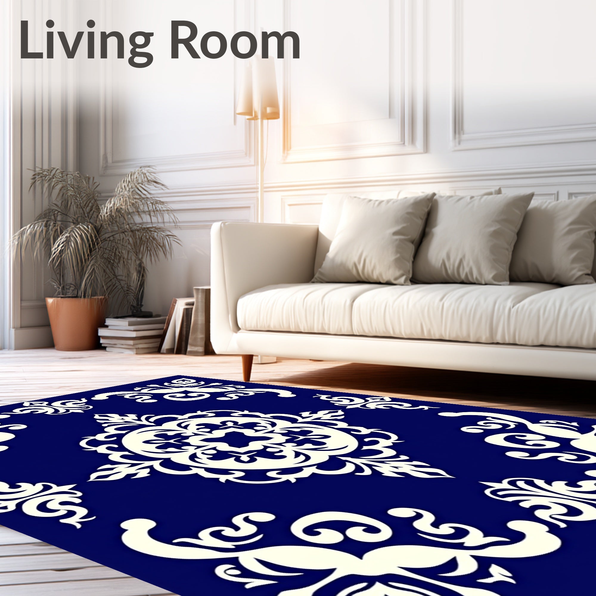 Elegant Blue Ivory Scrollwork Damask Rug