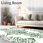 Ornate Green Damask Scroll Pattern Rug