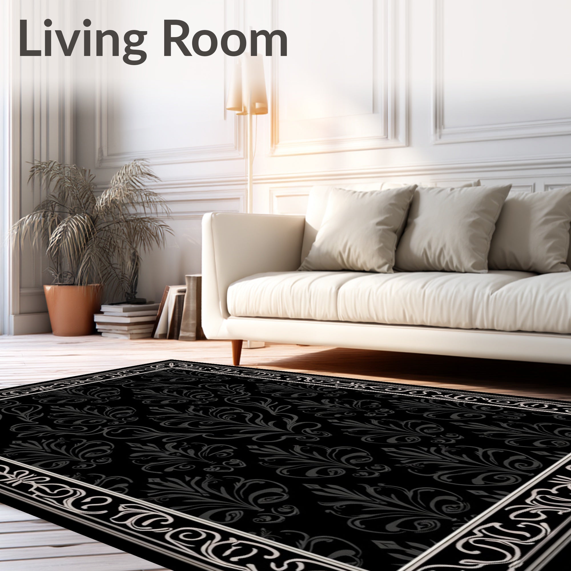 Ornate Black Swirls Floral Pattern Rug