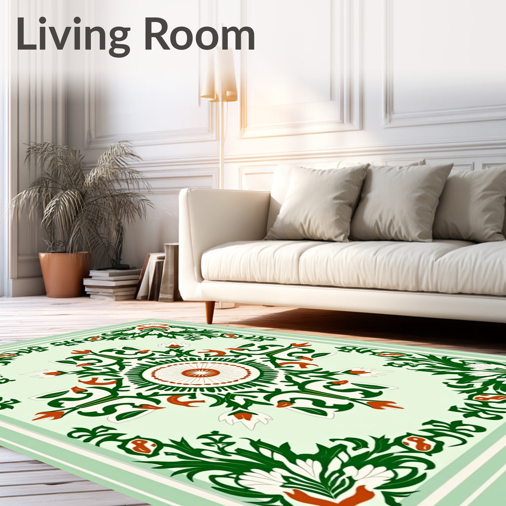 Green Red White Floral Medallion Design Rug