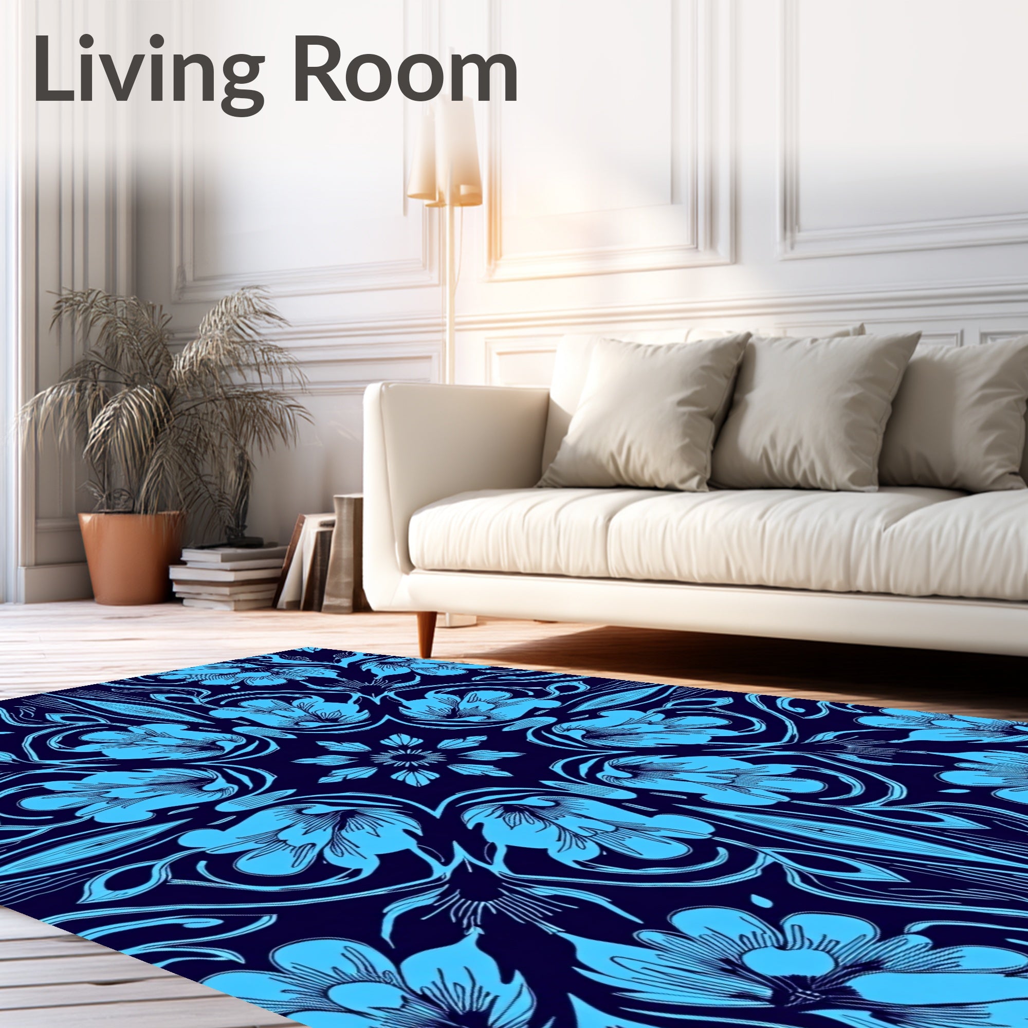 Symmetrical Sky Blue Floral Art Nouveau Pattern Rug