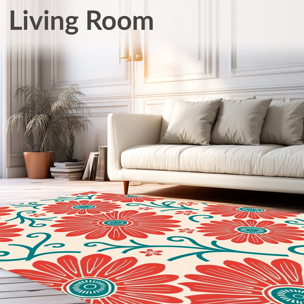 Retro Red Teal Floral Pattern Rug