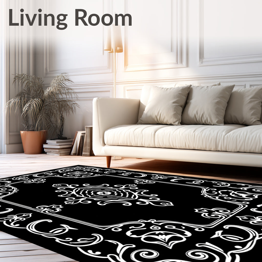 Ornate Scrollwork Black and White Classic Pattern Rug