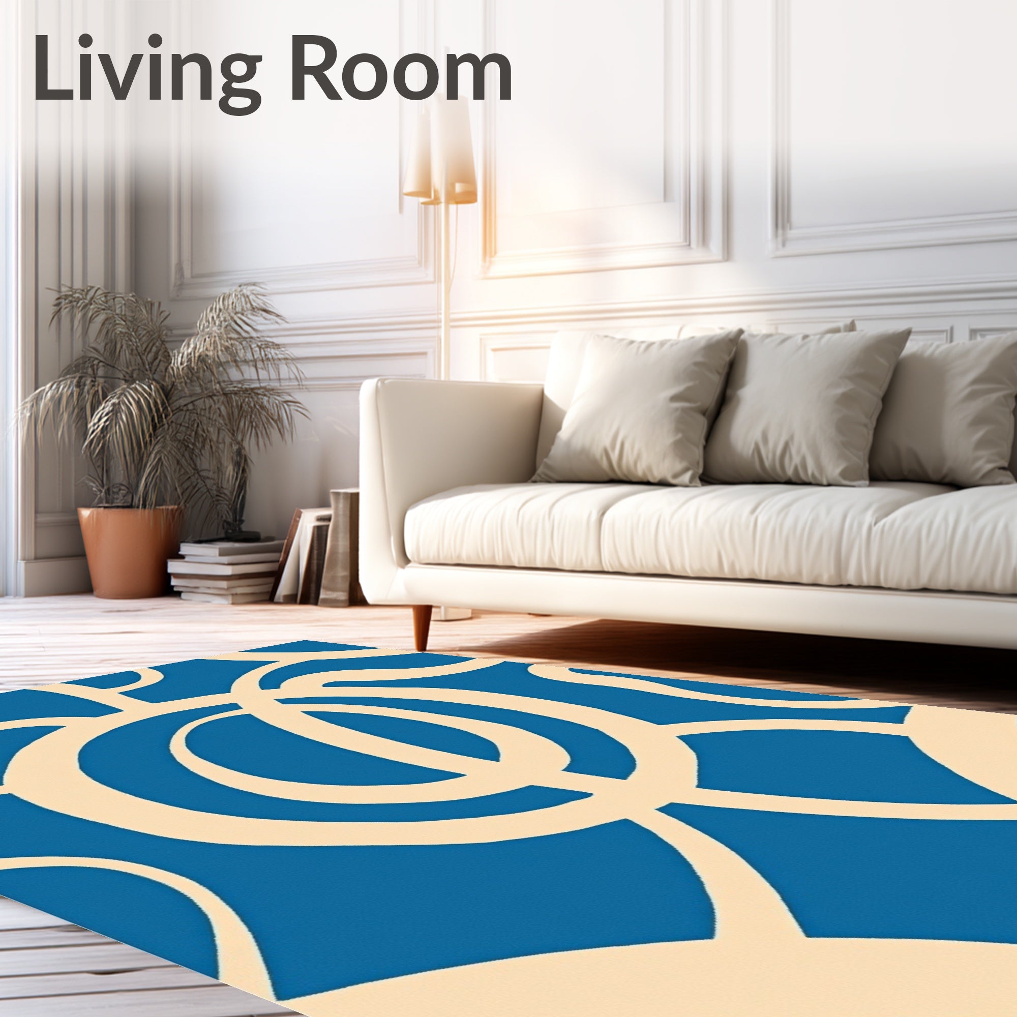 Abstract Cream Swirls on Blue Rug