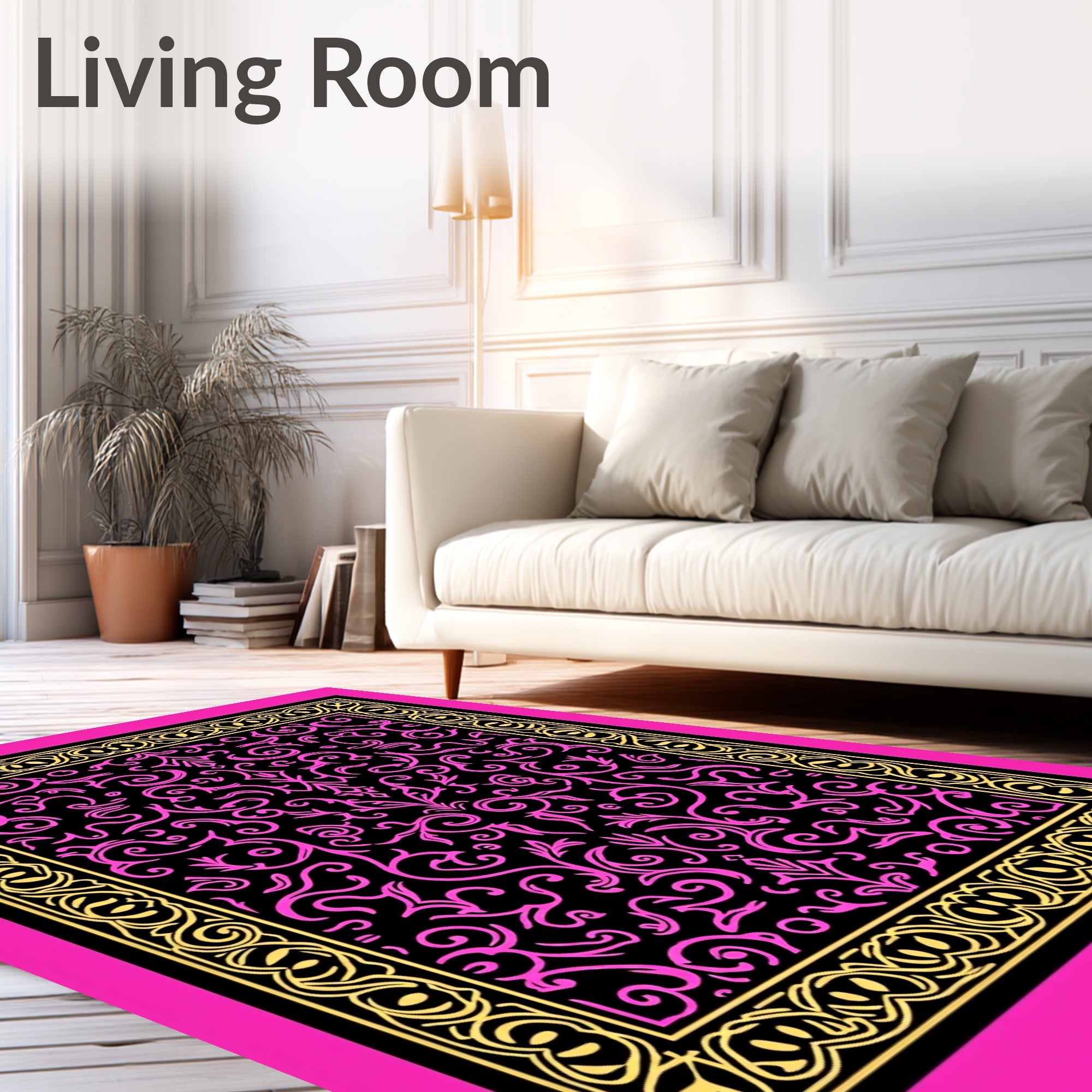 Vibrant Pink Gold Scrollwork Design Rug