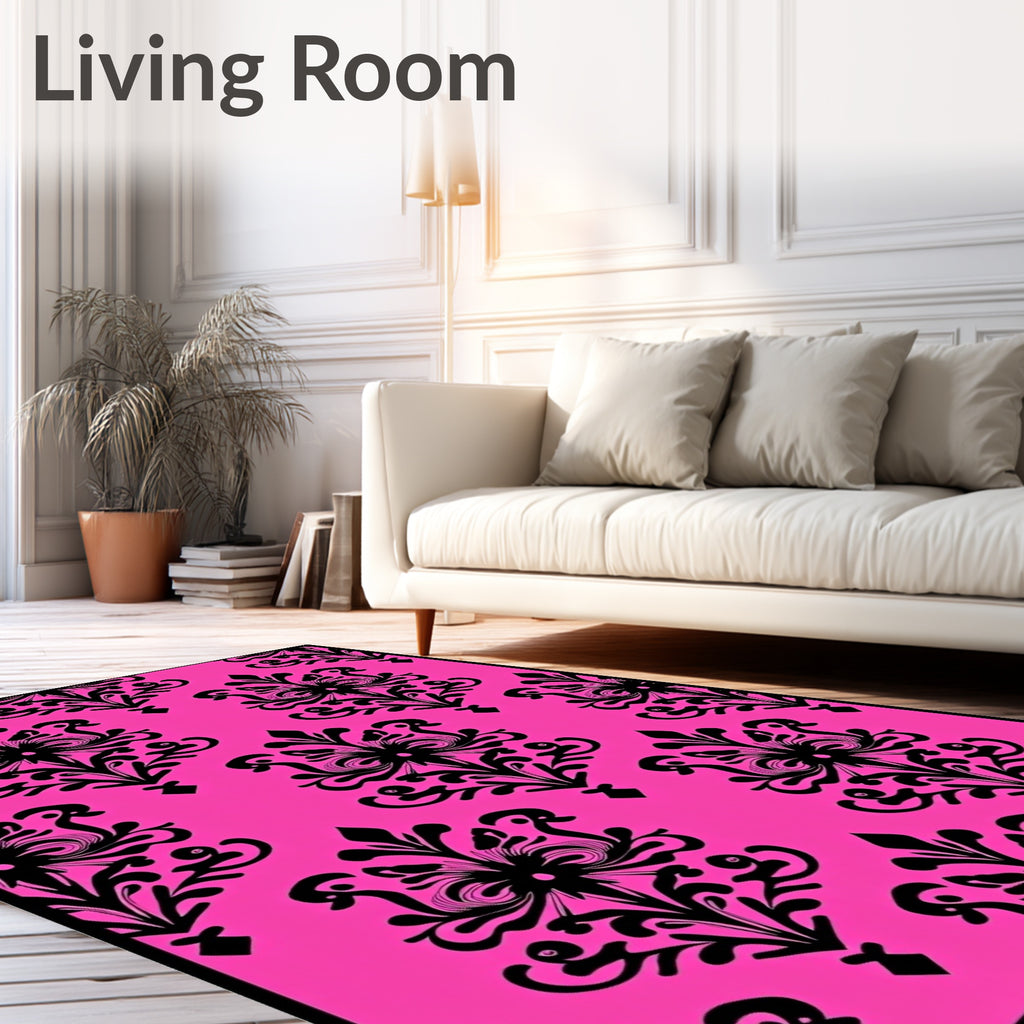 Hot Pink Black Classic Damask Design Rug