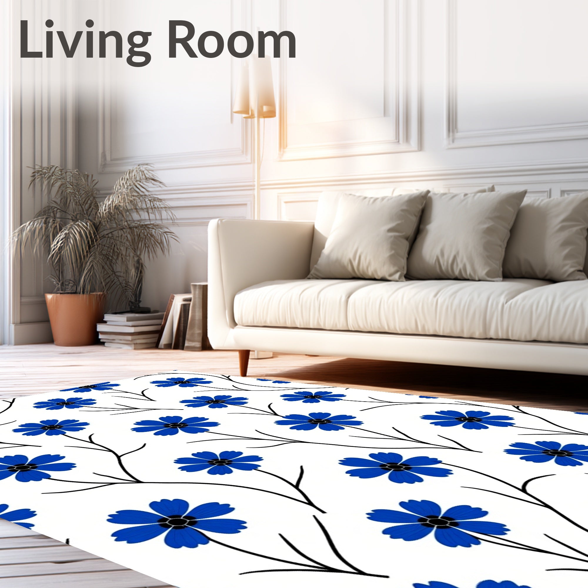 Delicate Blue Floral Stem Pattern Rug