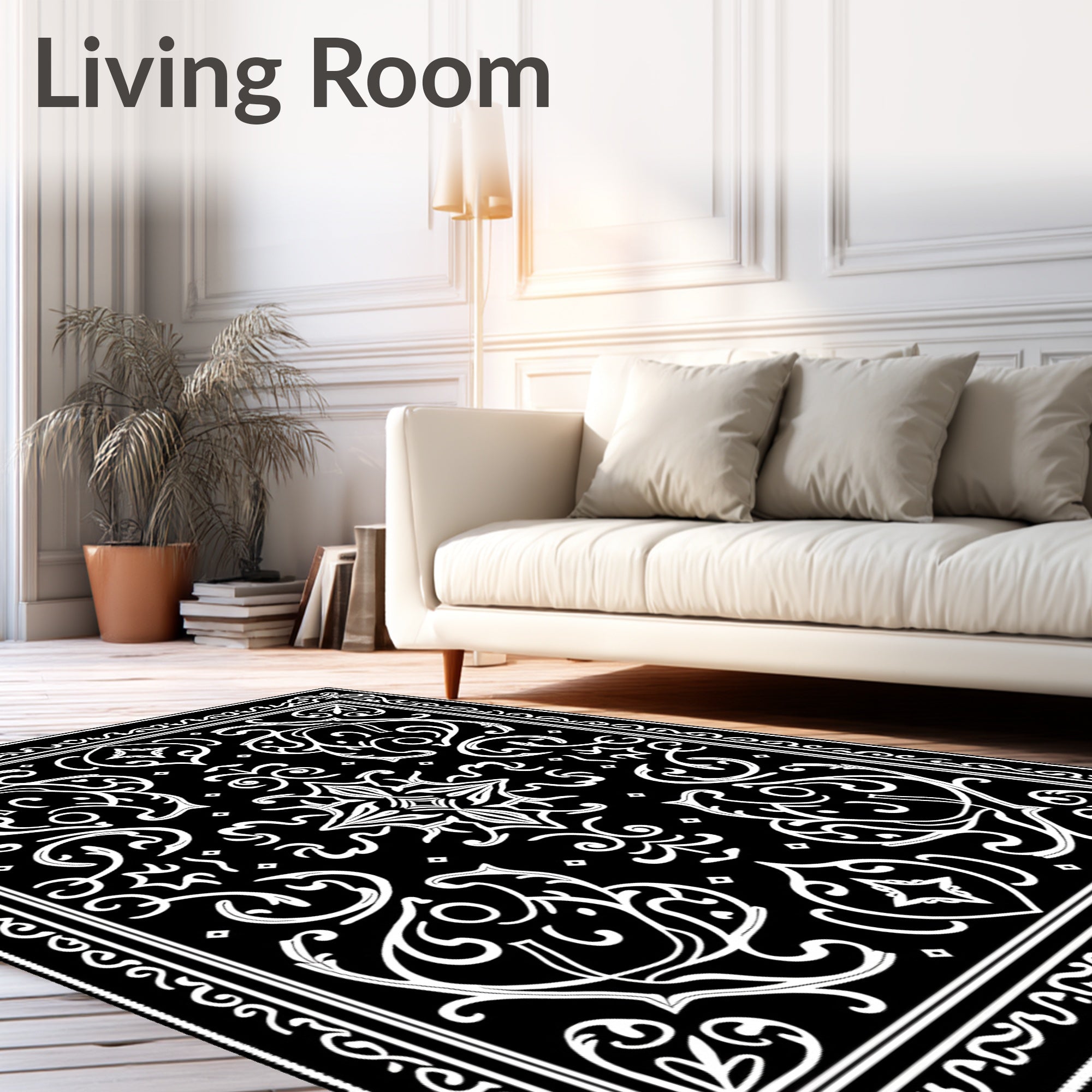 Monochromatic Ornate Scrollwork Ornamental Design Rug