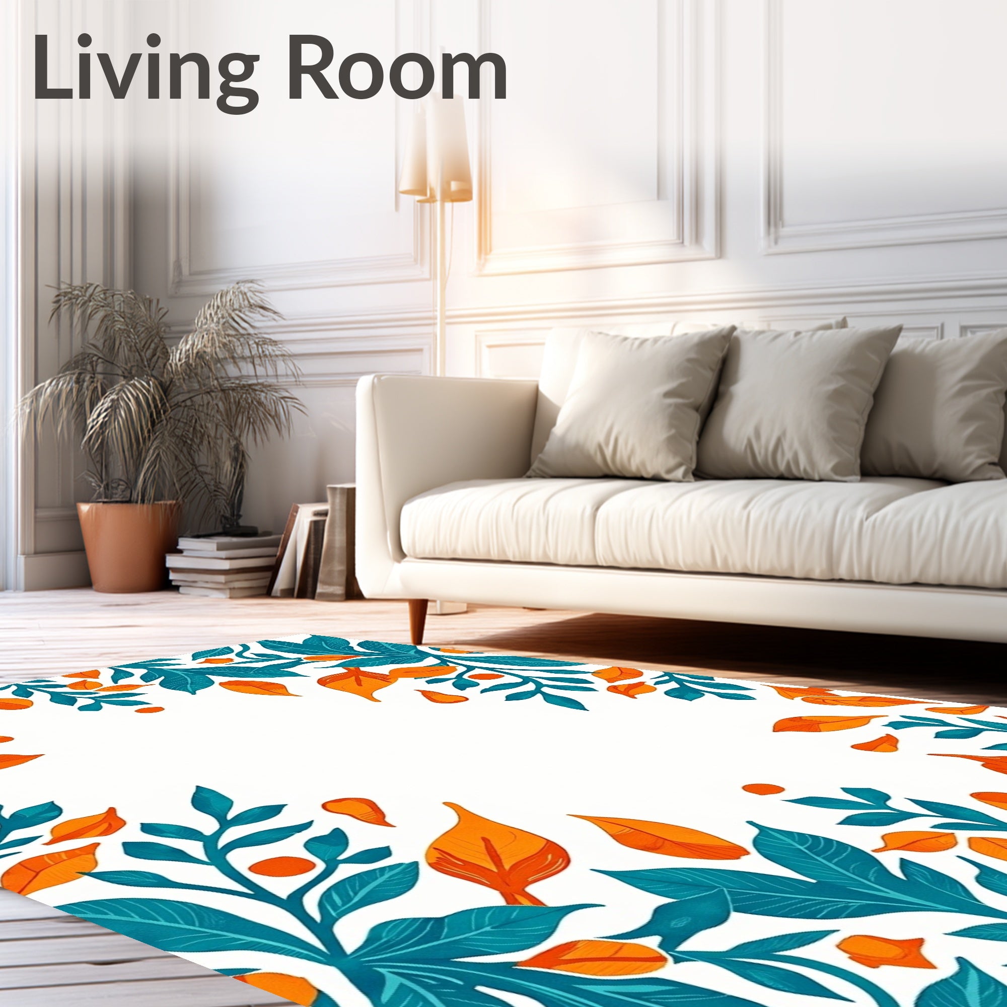 Teal Orange Leafy Floral Pattern Rug