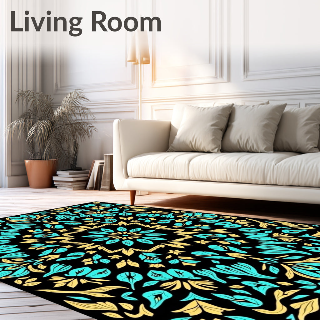 Aqua Gold Floral Mandala Design Rug