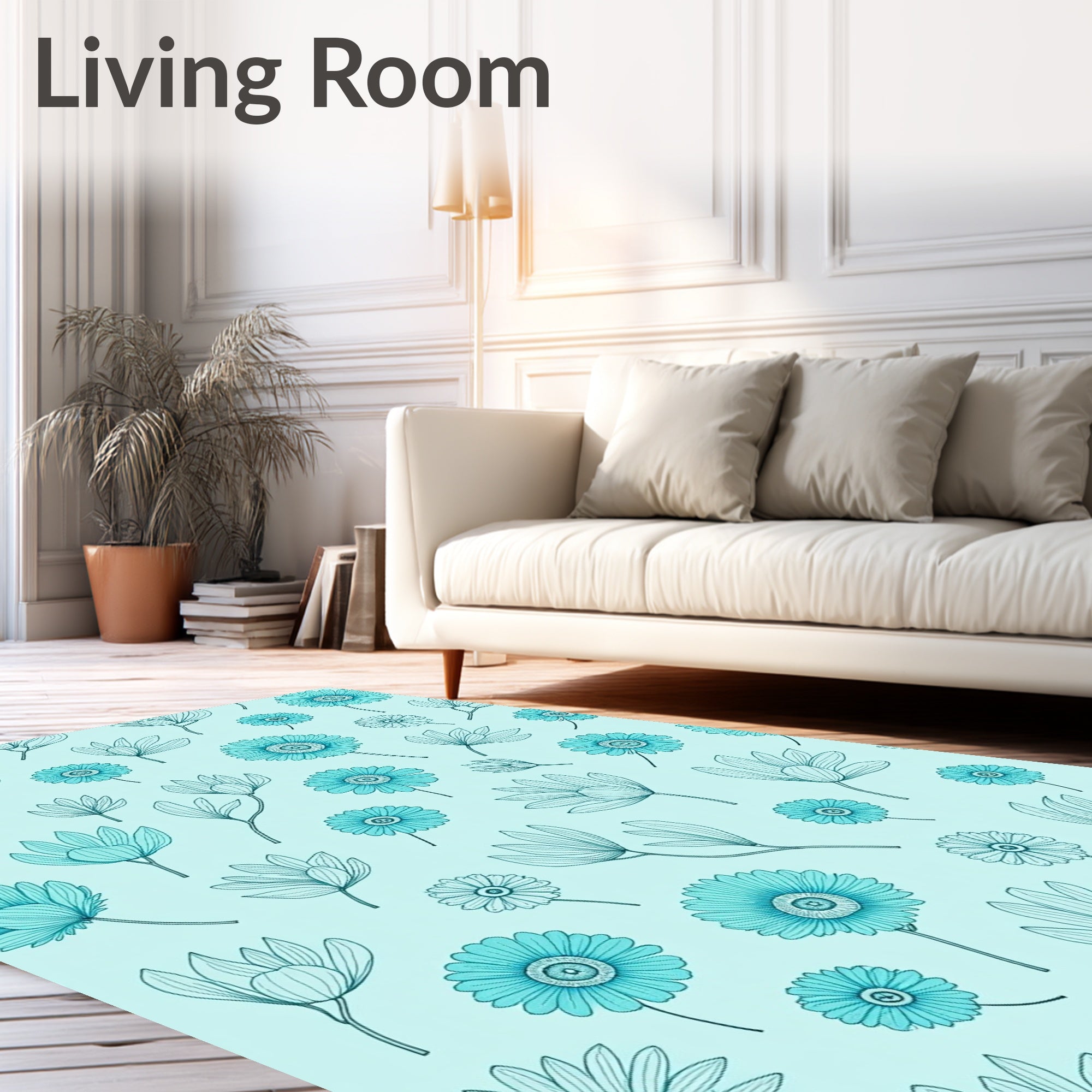 Aqua Daisy Line Art Pattern Rug