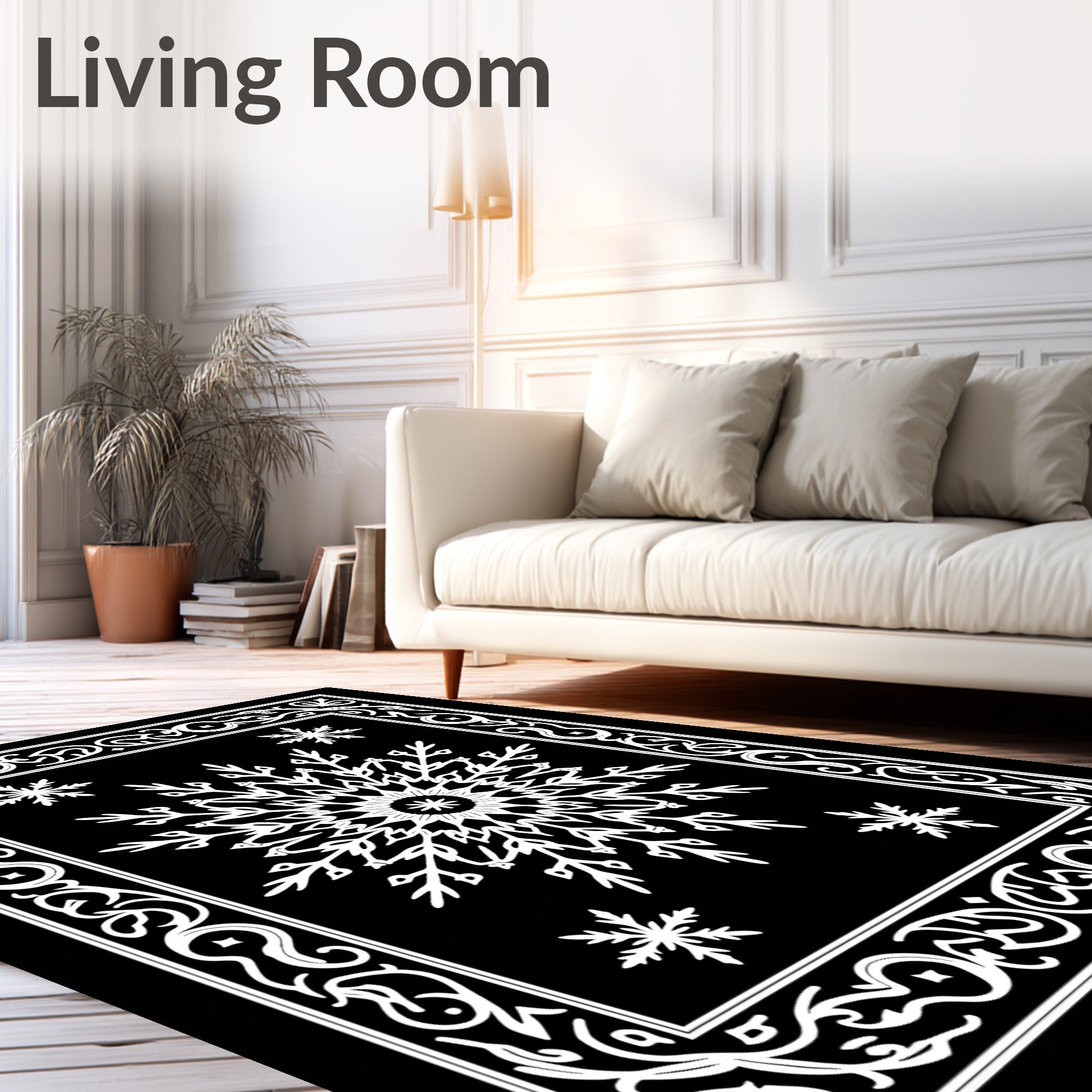Intricate Snowflakes on Black Background Rug