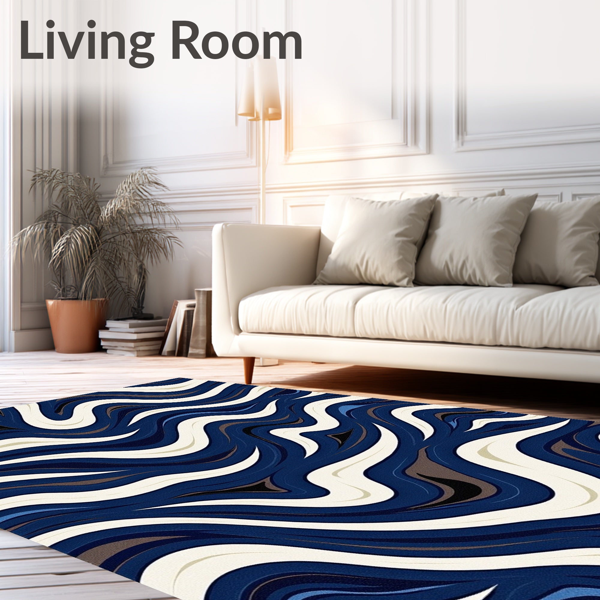 Dynamic Wavy Blue Cream Abstract Rug