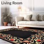 Black Floral Red Swirls Rug