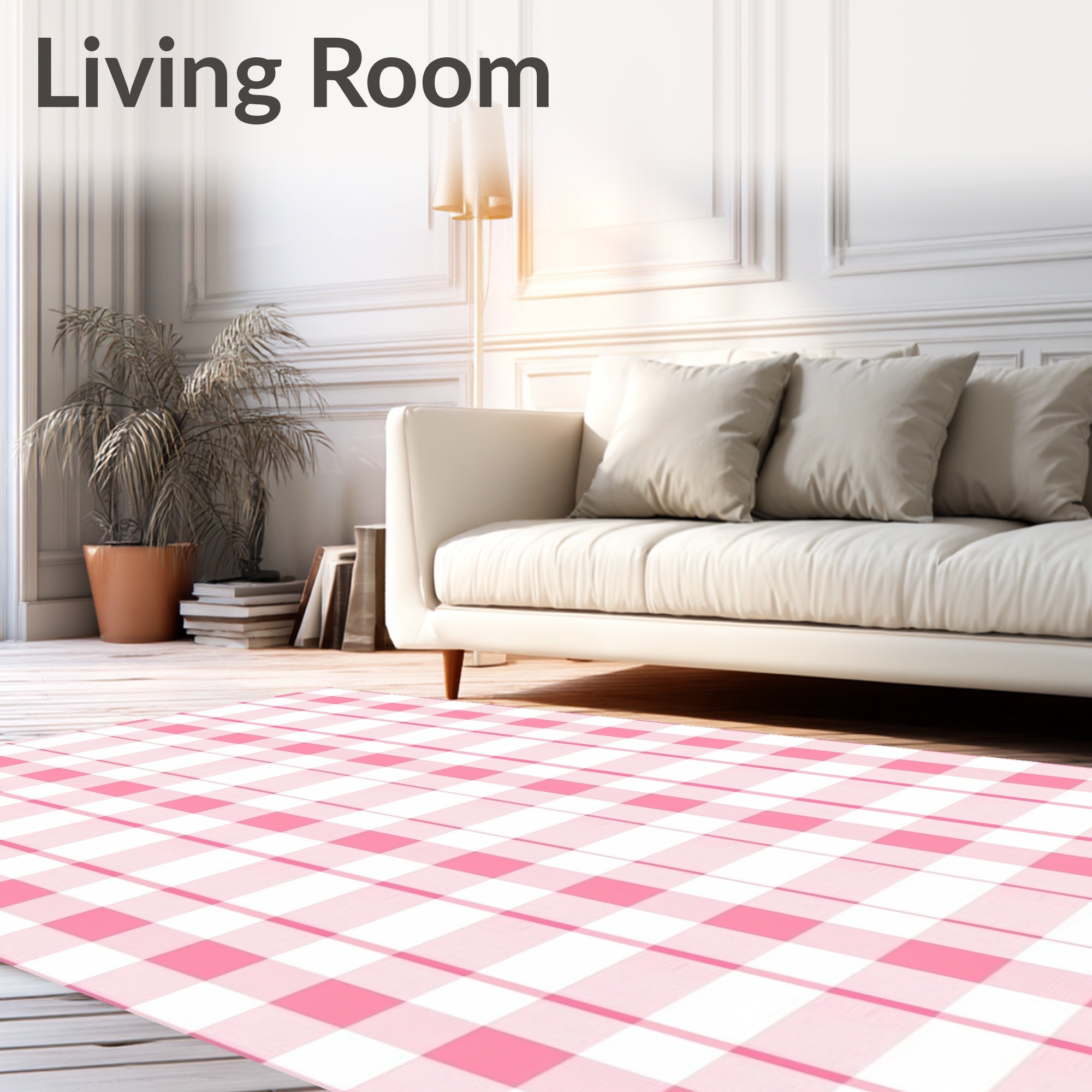 Pink and White Tartan Pattern Rug