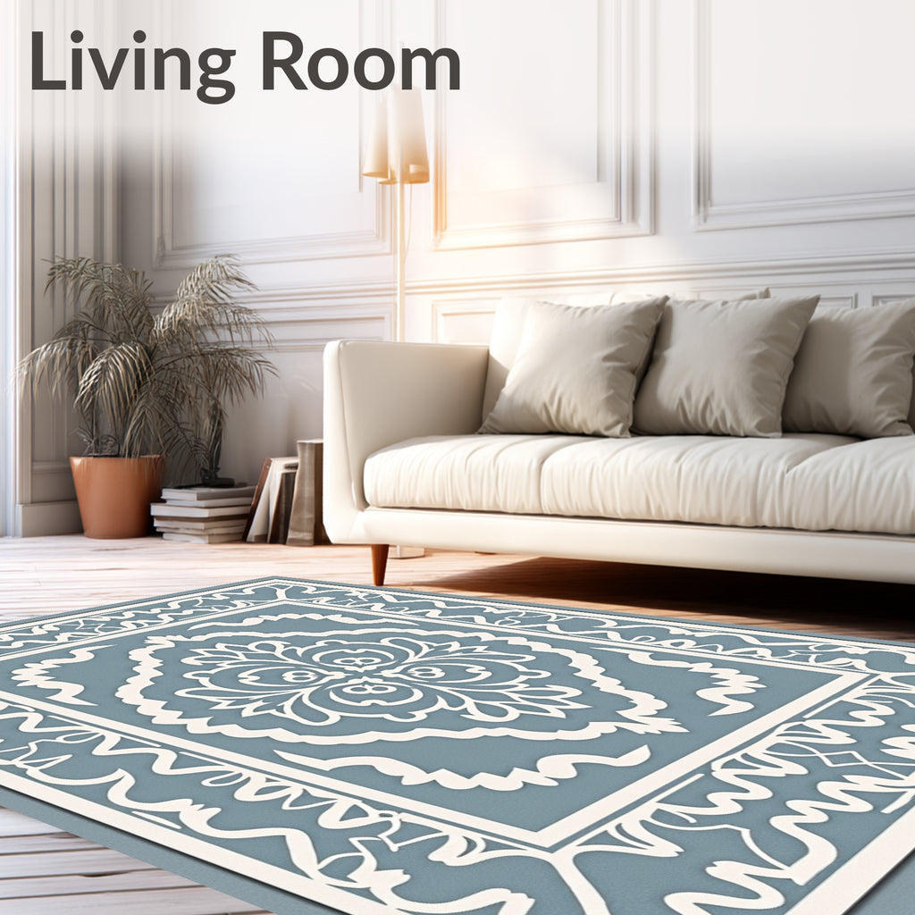 Powdery Blue White Damask Pattern Rug